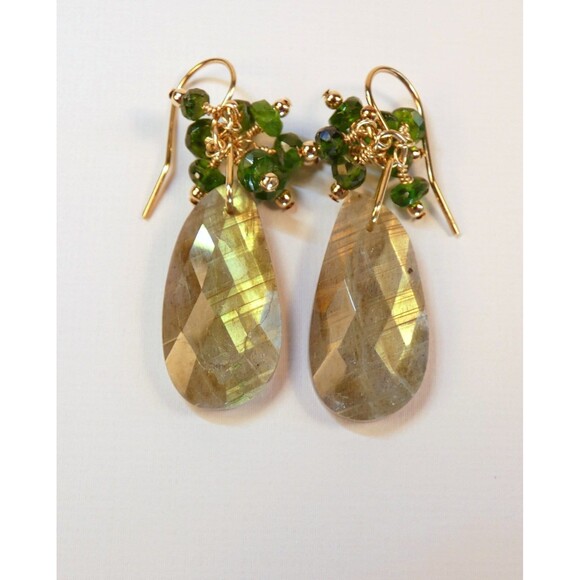 Golden Labradorite - Chrome Diopside - Beaded Gold Earrings - Picture 3 of 7